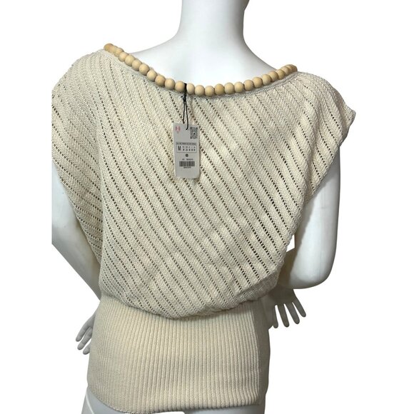 Zara Beaded Necklace Knit Top M Beige Cap Sleeve Boat Neck Stretchy Dressy Party - Picture 3 of 16
